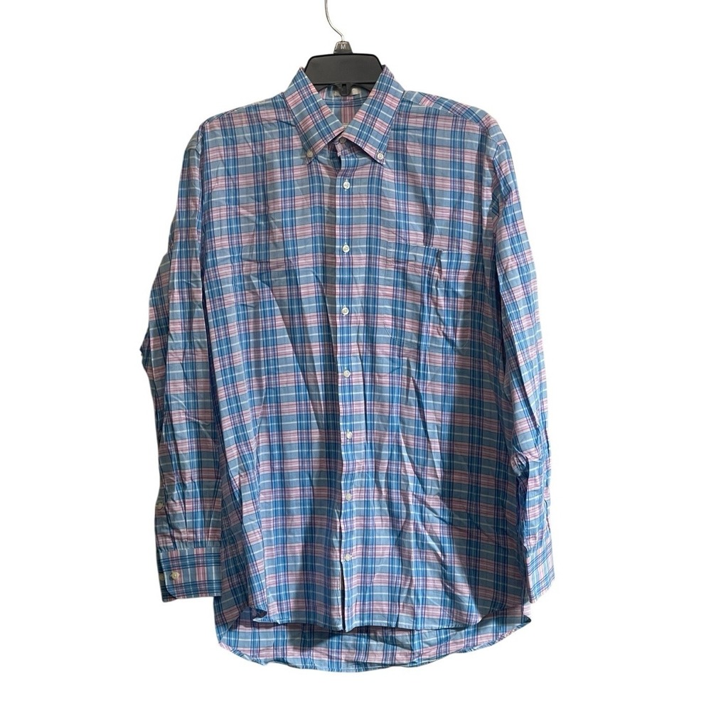 Peter Millar Button Down Shirt Men's Medium Blue Pink Plaid Long Sleeve